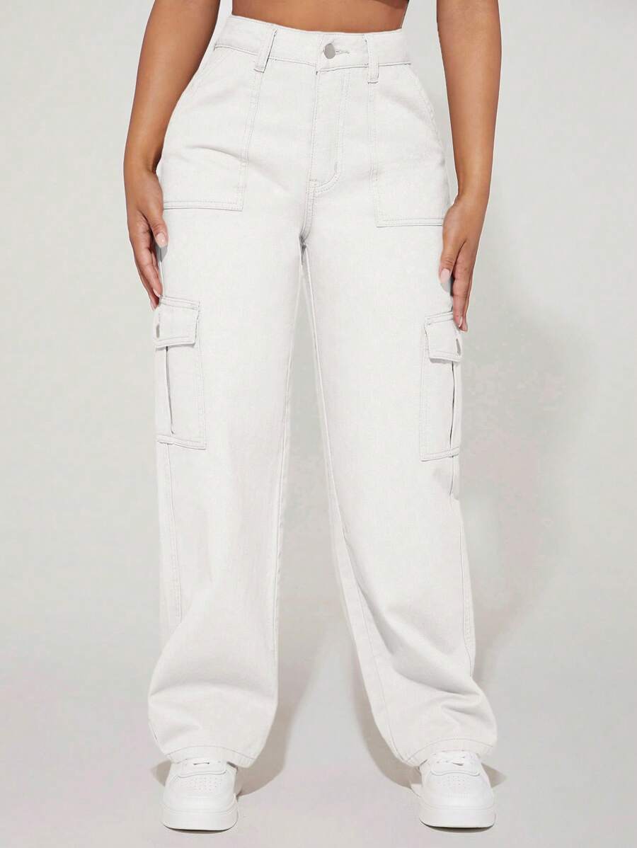 SHEIN PETITE Casual Simple Solid Color Cargo Denim Jeans