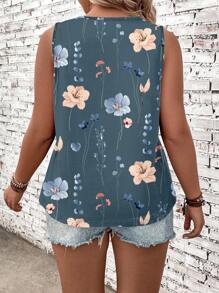 SHEIN VCAY Plus Size Floral Print Sleeveless Tank Top, Casual Style Suitable For Going Out - Blue - View 2