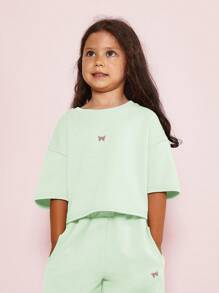 SUMWON Kids Butterfly Logo Two-Piece Leisure Set Boxy Crop Top Baggy Sweatpants Cozy Spring Fall Outfit Matching Wear Tracksuit Comfortable Play Set - Mint Green - View 3