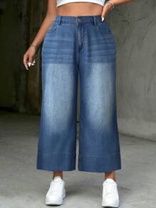 SHEIN EZwear Plus Size Women's Loose Fit Casual Beach Vacation Flared 7/8 Length Denim Pants, Blue - Light Wash - View 4