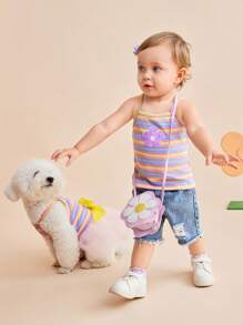 SHEIN 2pcs/Set Baby Girls Peter Pan Collar Rainbow Ribbed Tee + Elastic Waist Denim Ripped Shorts Set, Adorable Casual Outfit For Summer - Multicolor - View 9