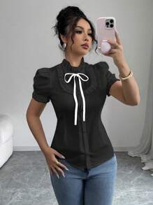 Chiquease Ruffled Cuff Elastic Hem Bowknot Blouse - Black - View 1