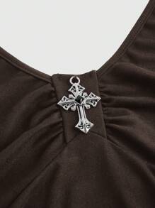 ROMWE J-Fashion Plus Size Women Cross Decorated Multi-Layer Halter Mini Dress, Punk Style - Brown - View 3