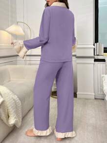 Conjunto de Pijama Feminino com Gola Babado Frontal com Botões e Recortes Coloridos, Roupas de Outono - Roxo - Visão 2