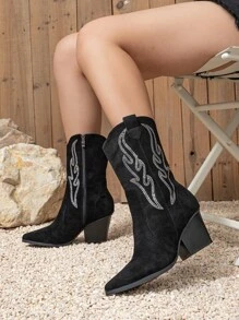 Styleloop 女士尖头粗跟中筒靴，侧拉链绒面水钻牛仔马靴，亮棕色，秋冬款 - 黑色 - 查看 2