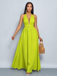 SOLERSUN 女士纯色挂脖 V 领度假海滩交叉系带露背长裙度假海滩装 - 綠色 - 查看 8