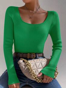 Chiquease Solid Color Pullover Sweater, Simple & Fashionable, Suitable For Summer Knit Pullover Fall Winter - Green - View 1