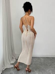 Rafferiza New Slim Fit Sexy Hollow Out Strap Fashion Personalized Knit Dress For Women, Suitable For Beach Vacation, Spring/Summer - Khaki - View 2