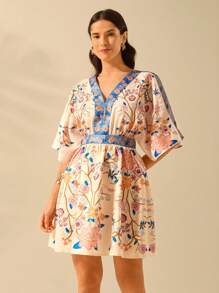 CAJUNI 女式波西米亚风热带花卉印花度假休闲夏季海滩深 V 领宽松短裙 - 彩色 - 查看 1