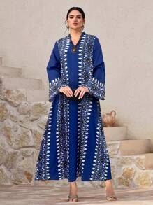 Al Najma Women's Turkish Style & Arabic Traditional Long Robe Kaftan Jalabiya Dress - Blue - View 6