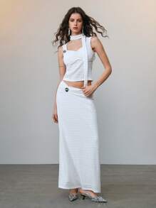 SHEIN LUNE Women's White Polyamide Two-Piece Maxi Outfit: Sweetheart Neckline Ruched Semi-Sheer Top And Matching Skirt Set, Casual Summer Style - White - View 3
