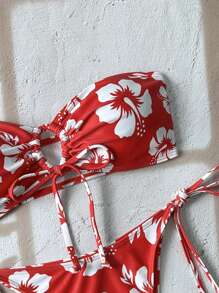 Swim Mod Springbreak Women's Floral Random Prints Drawstring Bandeau Bikini Sets For Summer Beach Vacation - Black - View 3