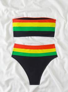 Slaydiva 2 Stücke/Set Damen Bikini Set mit hoher Taille und Muster, bestehend aus Bandeau-Oberteil und Hose, lässige Bademode für den Urlaub