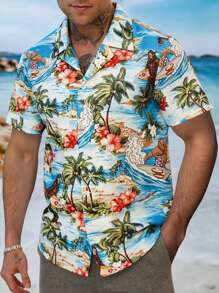 Manfinity RSRT Camisa casual de manga corta con estampado de palmeras tropicales para hombre
