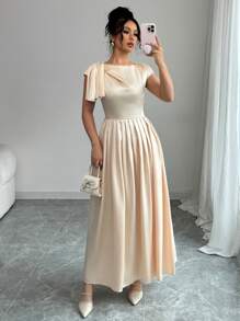 Elenzga Vestido largo de verano elegante en color albaricoque sólido para mujeres