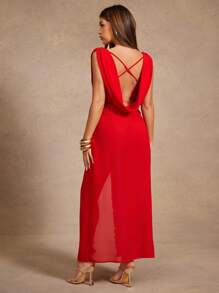 Hauture Plunging Neckline Women's Dress, Sexy Lace Splice Chiffon Fabric Flowing Dress, Elegant See-Through Beach Dress For Spring And Summer