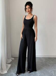 Chiquease Mono de punto negro casual con panel ancho sin mangas y acabado de puntada para mujer