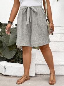 SHEIN LUNE Plus Size Women's Solid Color Waist Tie Pocket Casual Shorts Spring For Women Summer Summer Easter Women Western Wear Women Summer For Women Vacation Summer Women Shorts - Grey - View 3