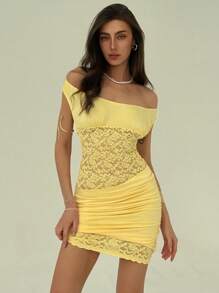 Aloruh 褶皱蕾丝拼布迷你连衣裙，紧身，浅黄色，夏日假期 - 黃色 - 查看 3