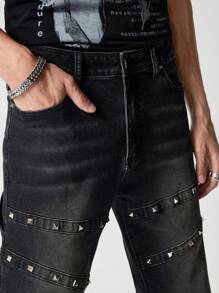 ROMWE MEN Street Life Quần Jeans Denim Trang Trí Đinh Tán Ôm Vừa Vặn Cho Nam - Xám - Xem 3