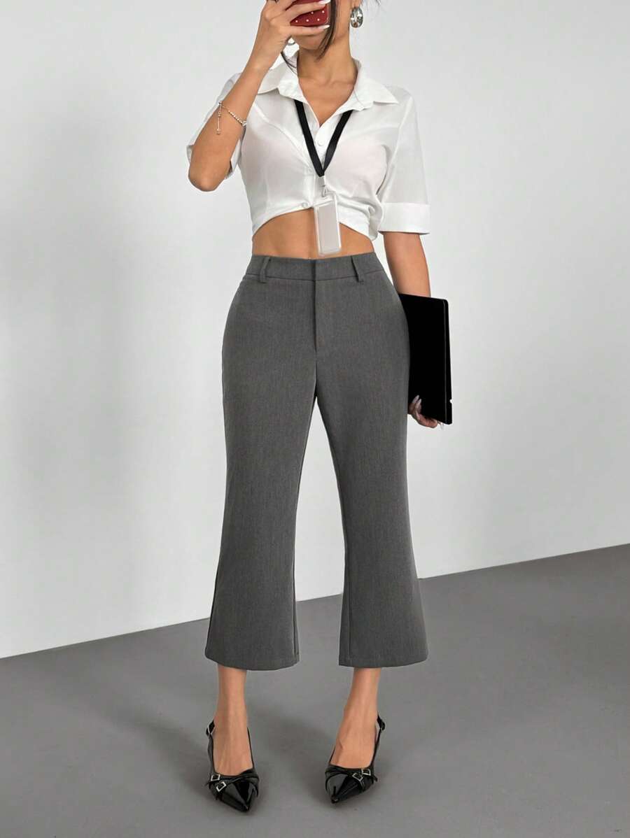 SHEIN EZwear Pantalon tissé gris casual et de ville pour femmes - Gris - Voir 1