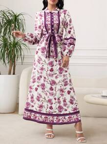 SHEIN Lacomfia Vestido midi con estampado de estación primavera/verano, cuello de camisa, de una sola hilera de botones, y cintura con cinturón