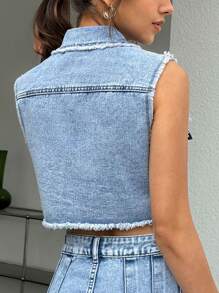SHEIN EZwear 女士单扣磨边休闲牛仔背心 - 藍色 - 查看 2