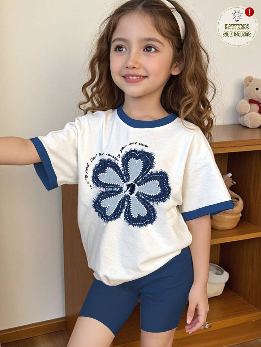 SHEIN 2 Stücke/Set Kleine Mädchen Lässig Blumen Muster Kurzarm Top & Shorts Set, geeignet für den Sommer