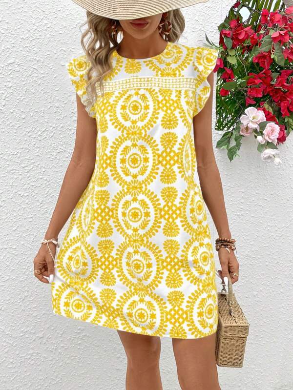 Vivid Eden Vestido casual de línea A con cuello redondo, volante y parches para vacaciones para mujeres