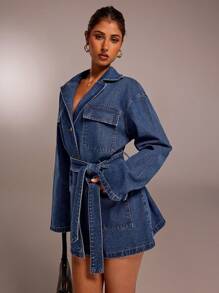 Forever 21 Fall & Winter Women Blue Denim Jacket Christmas New Years Holiday Party Women Coat Blue Coat Holiday New Years Loose Coat Long Sleeve Coat New Years Eve New Years Christmas Party Women Denim Holiday Women Holiday Christmas Y2k Loose Collared Retro Party Wear Blue Washed With Pockets Street Style Belt Classy Daily Wear Casual Denim Coat - Blue - View 6