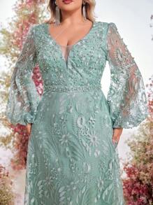 Serin Đầm dự tiệc sang trọng cho mẹ có tay áo đèn lồng thêu hoa hồng cỡ lớn và trang trí đá quý - Màu xanh Bạc hà - Xem 1