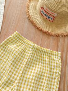 SHEIN LMoss Kids Bộ đồ yếm kẻ sọc dễ thương cho bé gái và quần cạp chun, mùa hè - Màu vàng - Xem 6