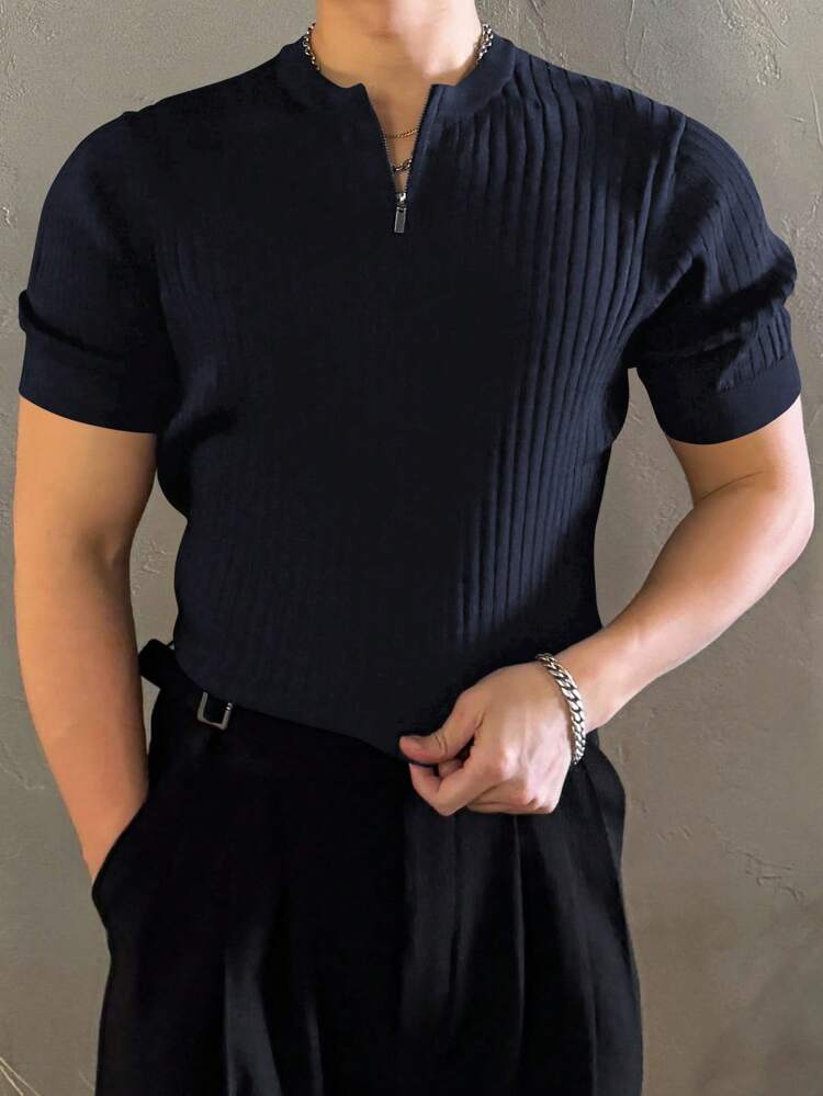 1pc Men's Solid Color Half Zip Knitted Sweater, Summer