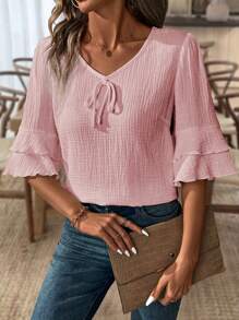 SHEIN LUNE Ruffles V-Neck Casual Linen Blouse For Women - Coral Pink - View 4