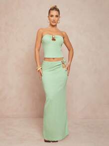 Lumalex Light Green Summer Seksi Chic Vacation Women Elegant Solid Bandeau Top And Extra Long Skirt 2pcs/Set,Bohemian BOHO Beach Outfits For Wedding Banquet - Green - View 1