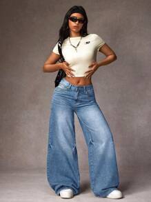 SHEIN ICON Quần Jeans Ống Rộng Rộng Mặc Thường Ngày Cho Nữ - Màu xanh nhạt - Xem 4