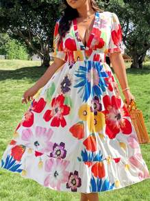 Breezaya Vestido de vacaciones con mangas abullonadas, cintura fruncida y estampado floral colorido en tallas grandes para mujer, primavera/verano