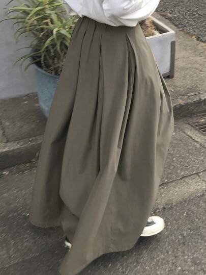 FRIFUL 女士卡其色高腰褶裥A字长裙