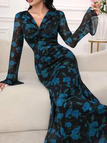 Modelyn Women's V-Neck Twist Maxi Bodycon Dress, Flare Sleeve, Elegant & Chic, Spring/Summer Fall Cloth For Women - Blue - View 2