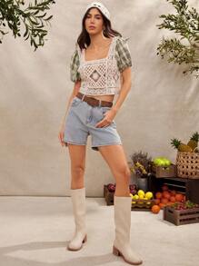 WESTFADE Western Mixed Media Faux Crochet & Plaid Spring Break Crop Top Summer Beach Vacation