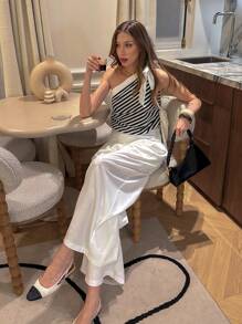 Pariaura 黑白条纹装饰系肩背心，简约时尚，适合夏季 - 黑與白 - 查看 5