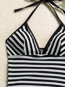 Swim Lushoire Set da 2 pezzi da donna composto da top corto con spalline a spaghetti e bikini, casual, per vacanza in spiaggia, con dettagli di taglio e testurizzati