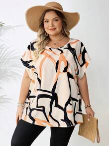 SHEIN CURVE+ Plus Size Women's Casual Striped Geometric Pattern Loose Round Neck Plus Size Shirt, Suitable For Spring And Summer Wear