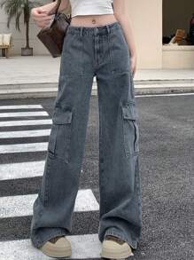 DAZY Women's Low Waist Casual Cargo Jeans - Medium Wash - View 5