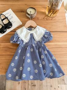 SHEIN LMoss Kids Gaun Berkerah Motif Bunga Kotak-kotak Lucu untuk Bayi Perempuan, Musim Panas - Biru - View 6