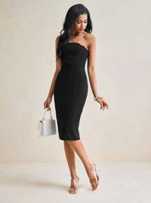 Ella Moore Schwarzes einfarbiges Kleid im Korsett-Stil mit Schnürung, wadenlang, trägerlos, Midi-Länge, sexy, für Rave, Abiball