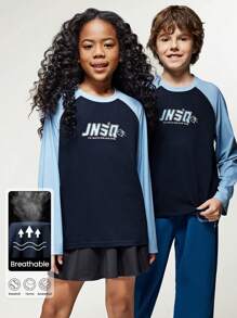 JNSQ 返校服，青少年女孩和男孩运动服，儿童秋冬运动长袖 T 恤，儿童圆领撞色反光带趣味字母印花长袖 T 恤，适合秋冬日常穿着、户外活动、度假、街头风格、派对和休闲 - 彩色 - 查看 1