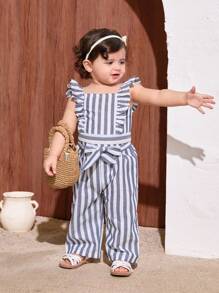 SHEIN Baby Girls Cute Striped Ruffled Crop Top And Pants 2 Pieces Set, Summer - Blue - View 1