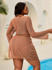 SHEIN Swim Curve 4pcs Plus Size Women Multi-Way Convertible Triangle Cup Slimming Bikini Set For Summer Beach Vacation - Coffee Brown - View 2