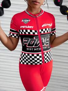 Tween Girls' Red Letter & Checkerboard Print Tight Fitting Jumpsuit Shorts - Red - View 7